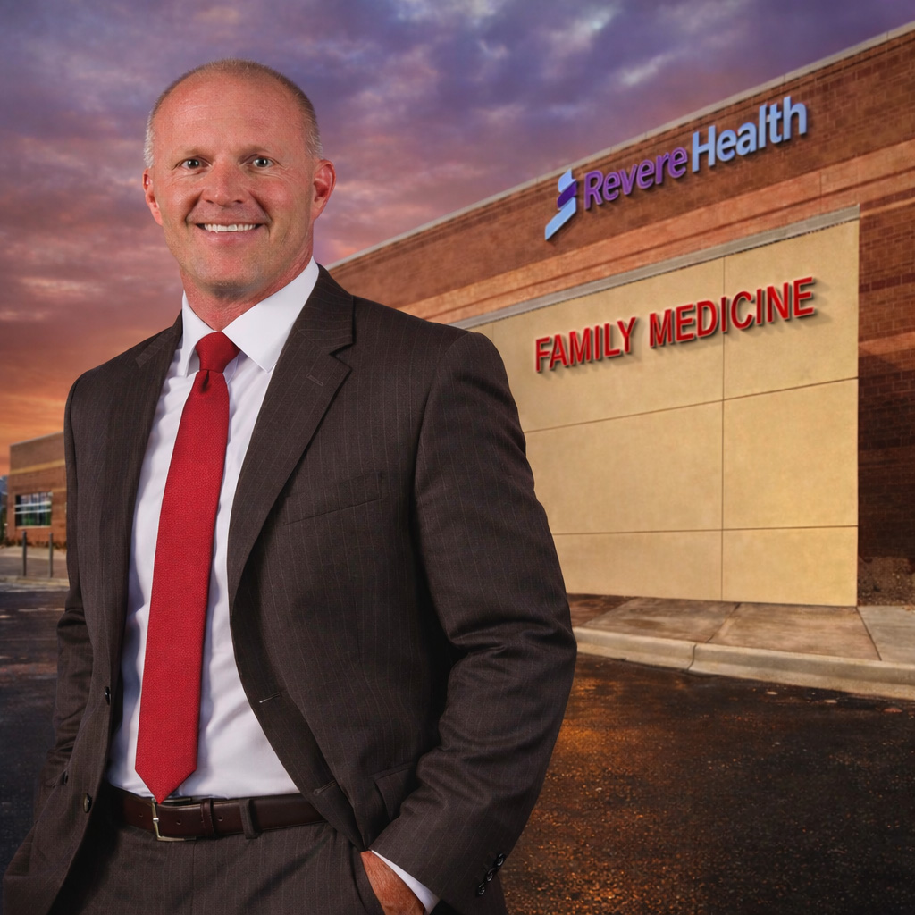 Dr Jonathan Hubbard stands outside Revere Health Family Medicine building at sunset.