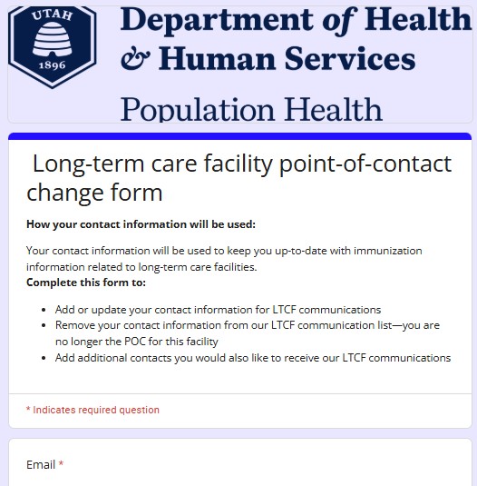 Utah Department of Health and Human Services Immunization Program form for long-term care facility point-of-contact change, email entry shown.
