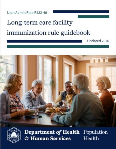 The long-term care facility immunization rule guidebook title page image. Five older adults sit around a table, eating and smiling in a bright dining room.