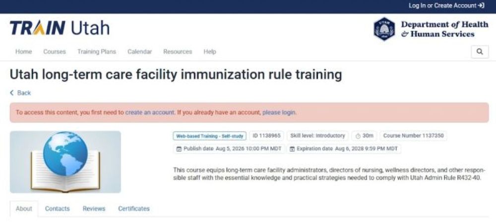 TRAIN Utah immunization rule training course page with login prompt and open book graphic.