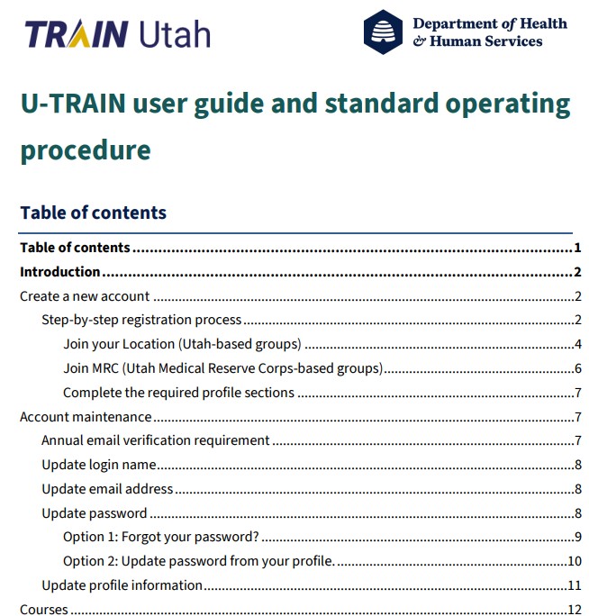 Table of contents for TRAIN Utah user guide from Health & Human Services, blue and white theme.