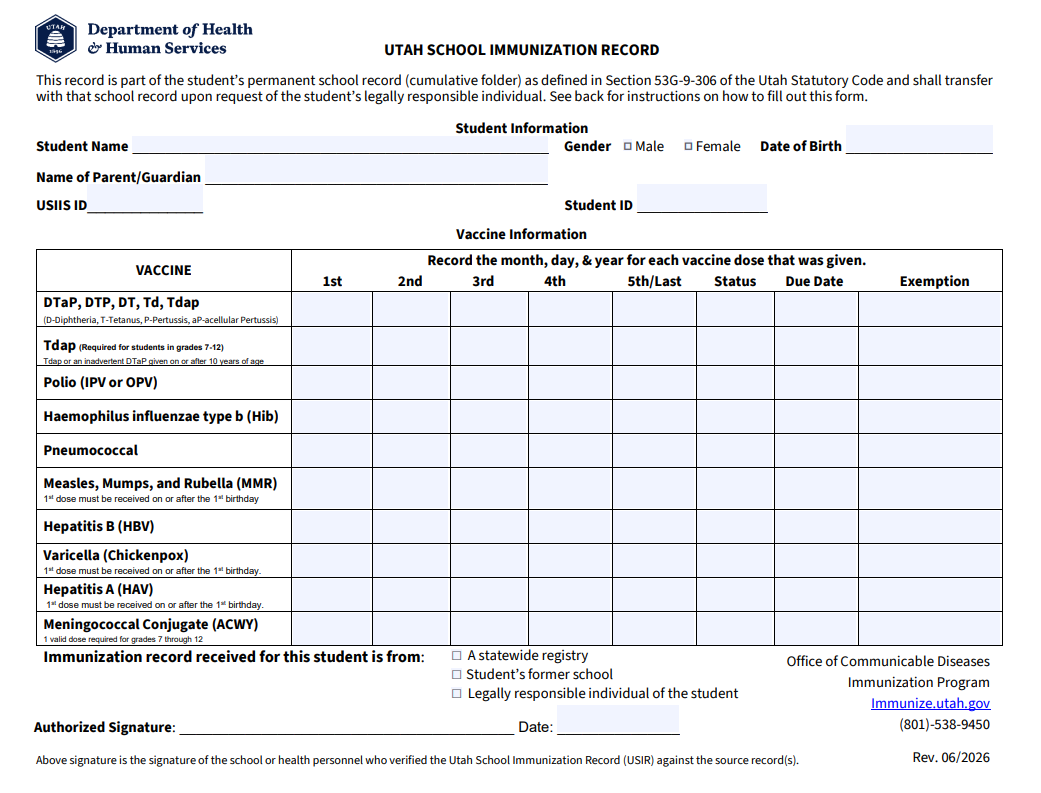 Image of the Utah School Immunization Record (USIR)